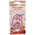 Свеча для торта Цифра С Днем Рождения «6» 6 см, розовый