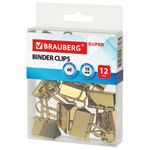 Зажимы для бумаг BRAUBERG EXTRA, КОМПЛЕКТ 12 шт., 19 мм, на 60 л., золотистые, европодвес, 229586