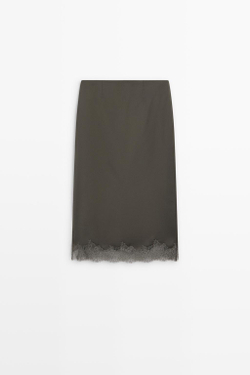 Massimo Dutti Атласная юбка миди с кружевом, серый