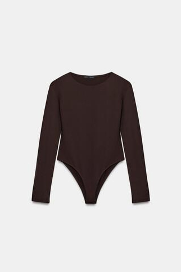 ZARA БОДИ ИЗ ПОЛИАМИДА С ДЛИННЫМИ РУКАВАМИ, ТЕМНО-КОРИЧНЕВЫЙ