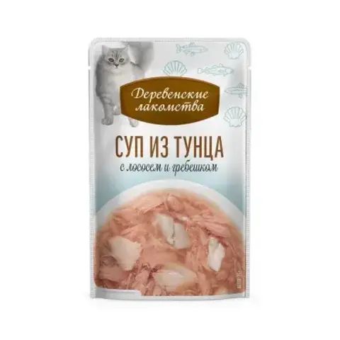 Деревенские лакомства консервы для кошек «Суп из тунца с лососем и гребешком», пауч 35г *4шт