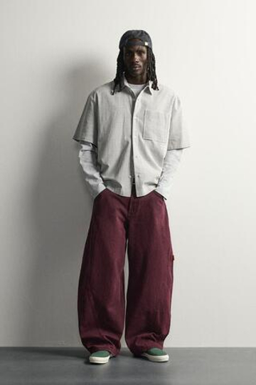 ZARA БРЮКИ BALLOON FIT СО ШВАМИ, БУРГУНДИ