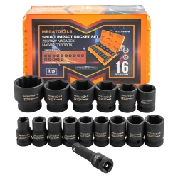 Набор головок ударных коротких 16пр.1/2''(6-гр.)(10,12-17,19,21,22,24,27,30,32мм(36мм-12гр)+удлинитель 75мм),в кейсе MEGATOOLS MT-4177-5MPB