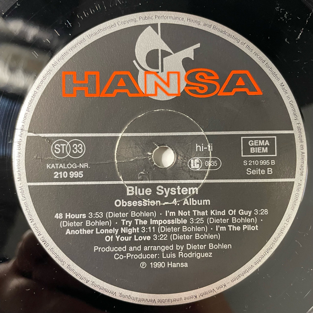 Винтажная виниловая пластинка LP Blue System Dieter Bohlen, Obsession (Германия 1990)