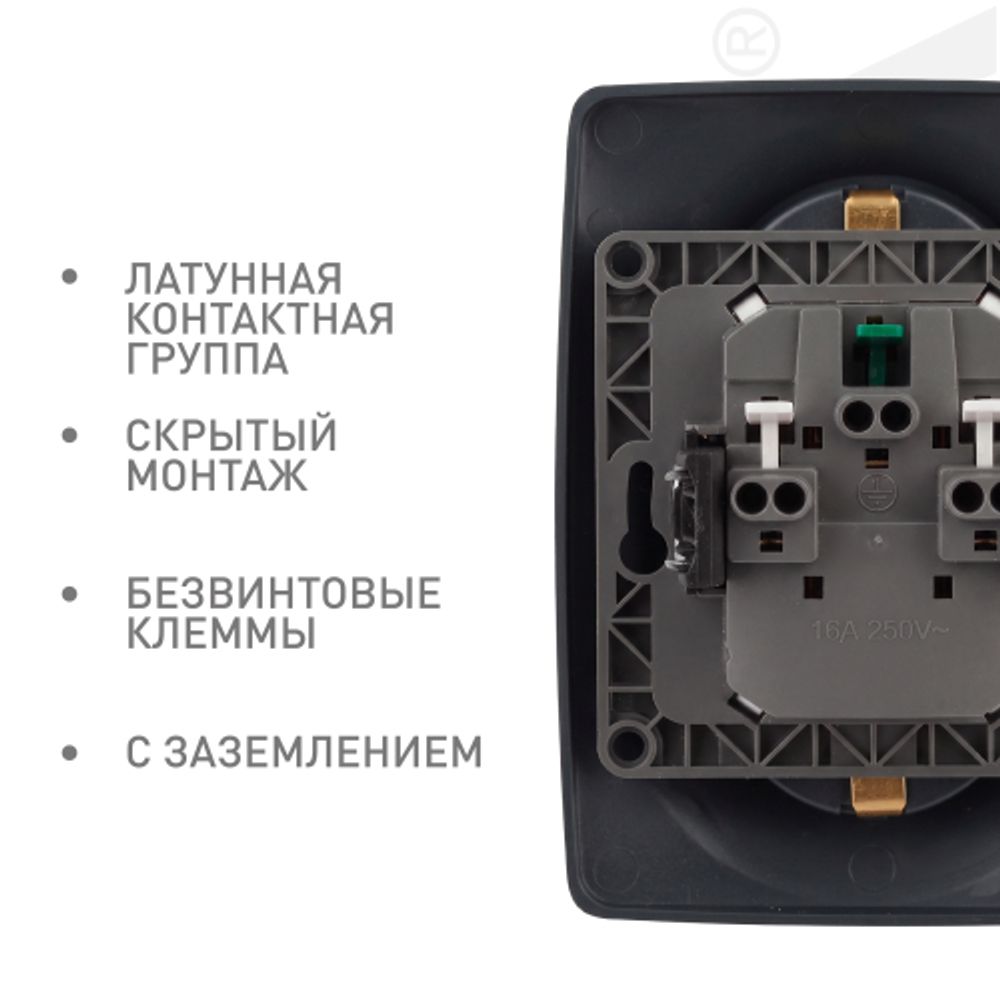 Розетка ЭРА Серия 12 12-2106-05 двойная с заземлением 2X2P+E Schuko 16A-250В IP20 антрацит | Эра 12