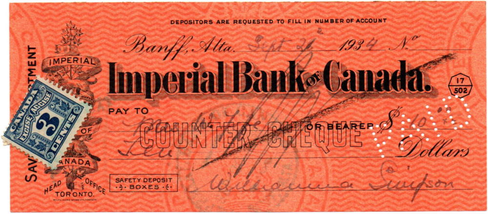 Канада. Чек Imperial Bank of Canada. 10 долларов 26.09.1934 г