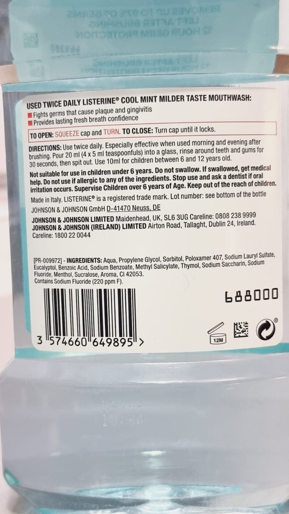 ОПОЛАСКИВАТЕЛЬ ДЛЯ ПОЛОСТИ РТА LISTERINE COOL MINT milder teat 12 часов 500 мл