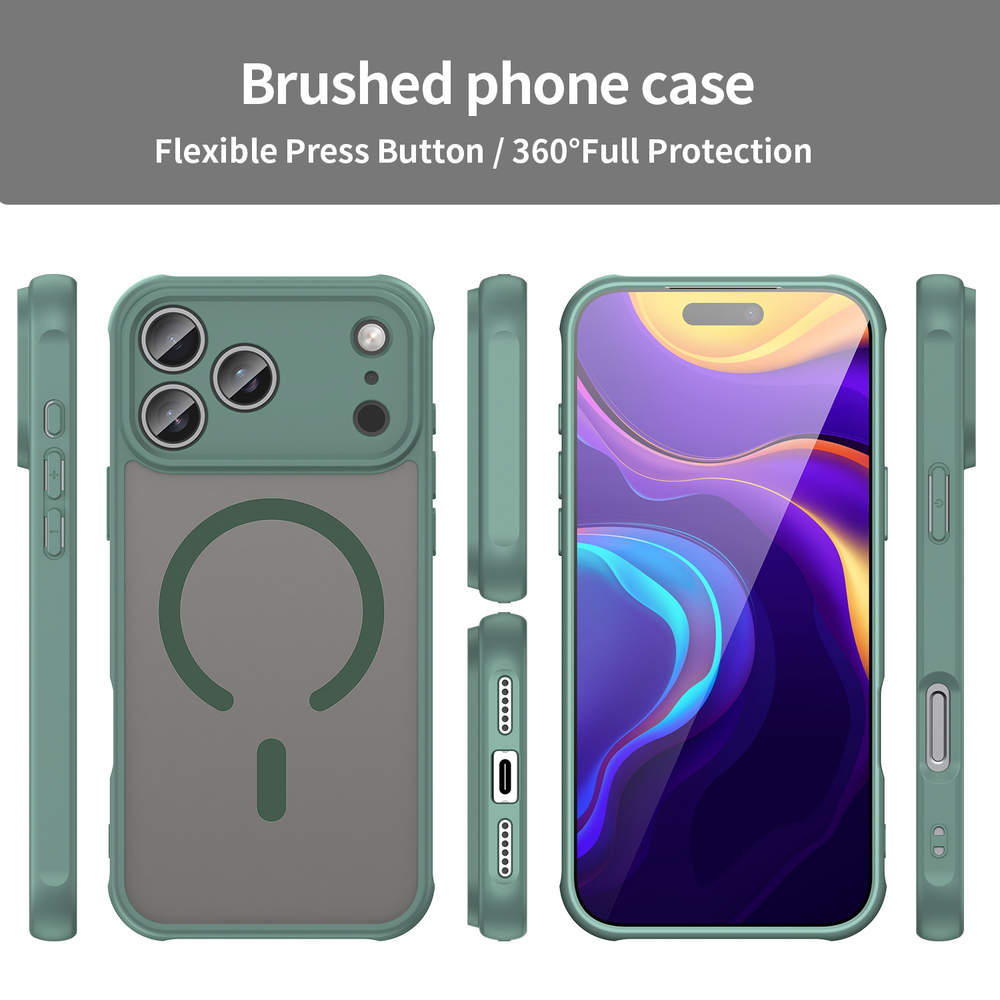 Матовый полупрозрачный чехол с MagSafe для iPhone 17 Pro Max, усиленные боковые рамки зеленого цвета