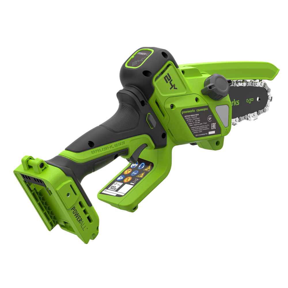 Цепная мини пила аккумуляторная Greenworks CS2410A, 24V, 10см, автоматическая смазка цепи, без АКБ и ЗУ (CS2410AA1)