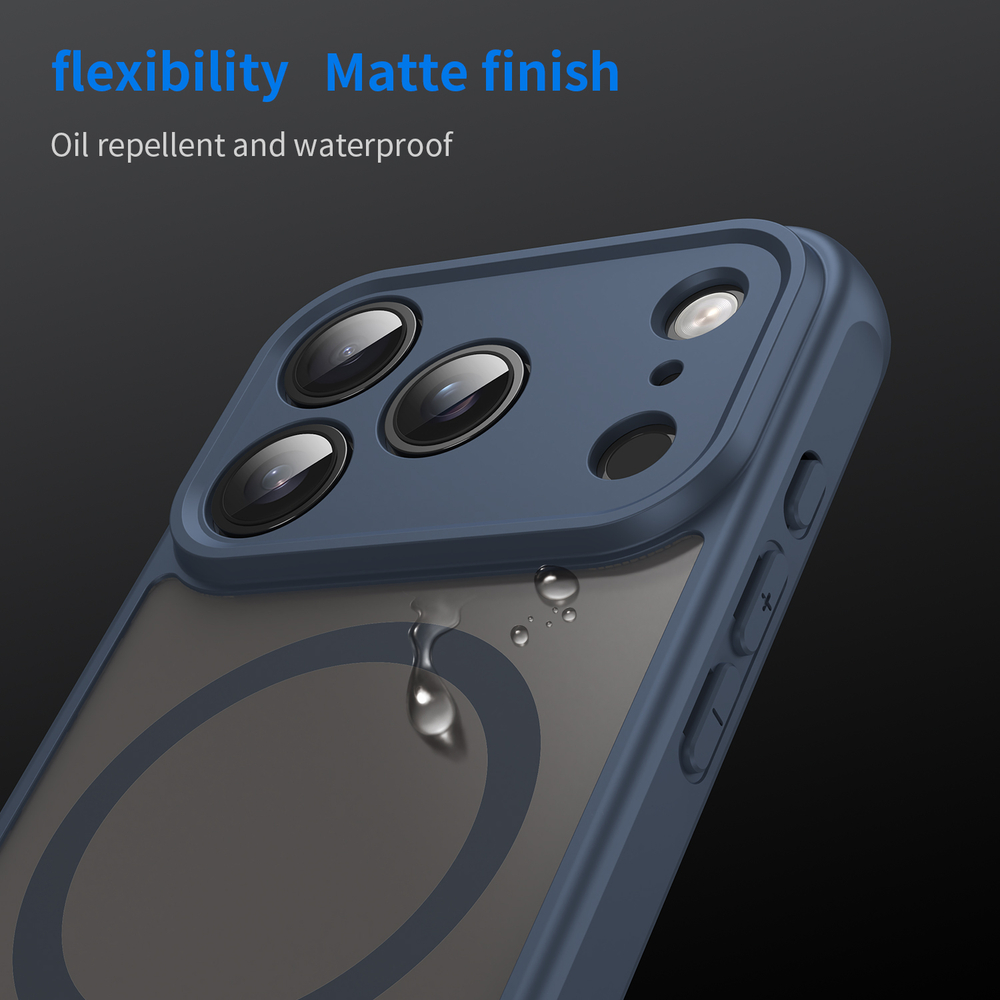 Полупрозрачный матовый чехол с MagSafe для iPhone 17 Pro, усиленные боковые рамки синего цвета