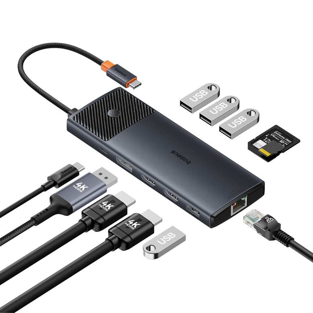 USB-C Хаб Baseus Metal Gleam II 11-in-1 (2xHDMI4K@60Hz + DP4K@60Hz + 2xUSB-A3.0(5Gbps) + 2xUSB-A2.0 + RJ45 + SD + TF + USB-C-PD)