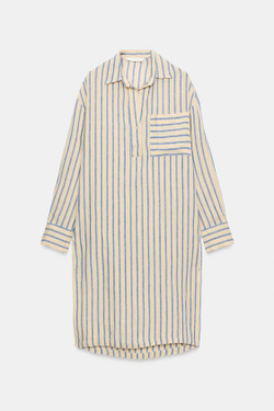 ZARA ПЛАТЬЕ-РУБАШКА В ПОЛОСКУ ИЗ 100% ЛЬНА — ZW COLLECTION, СИНИЙ