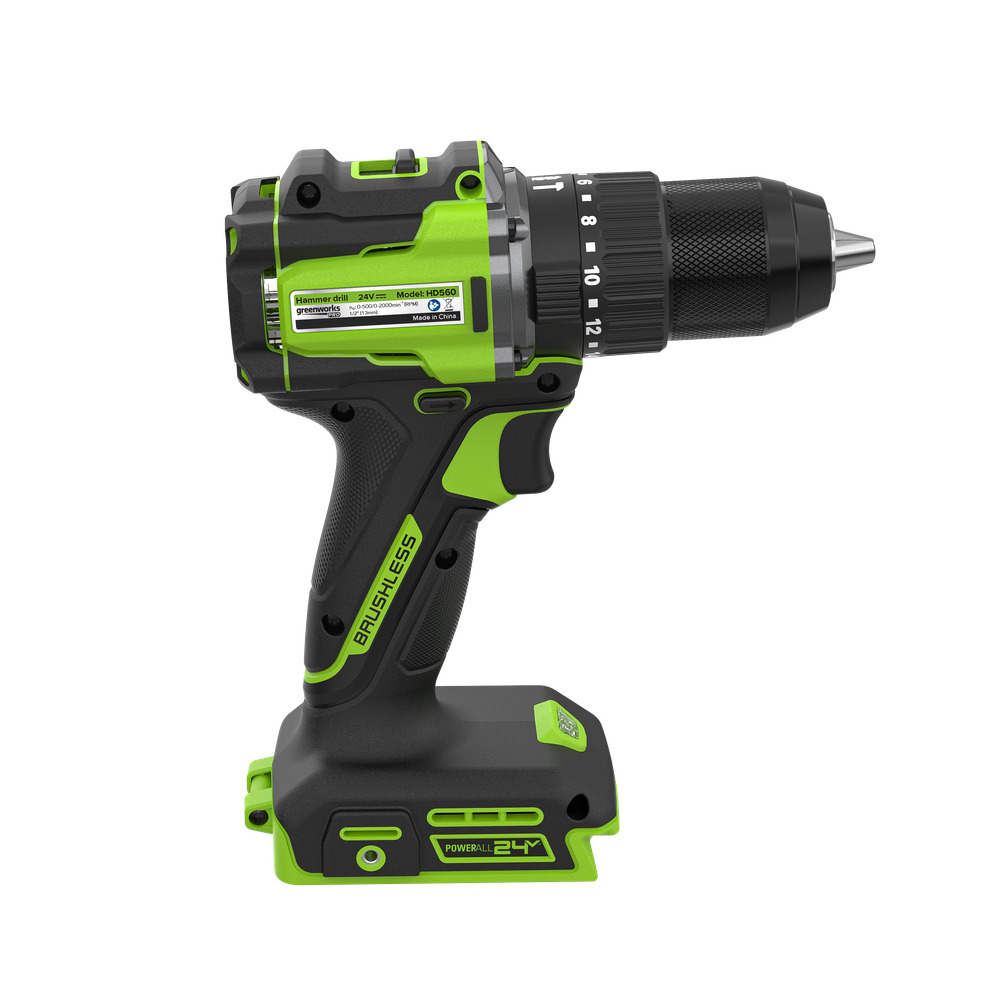 Дрель-шуруповерт ударная акк. Greenworks HD560, 24V, б/щет, 0-500 / 0-2000 об/мин, 30/60 Нм, 13мм, Anti-kickback, без АКБ и ЗУ (HD56000)