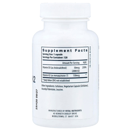 Vital Nutrients, витамины D3 и К2, 120 вегетарианских капсул