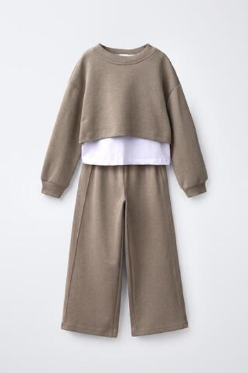 ZARA КОМПЛЕКТ ИЗ ТОЛСТОВКИ И БРЮК WIDE LEG, СЕРОВАТО-КОРИЧНЕВЫЙ