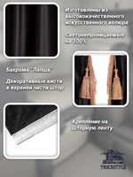 Шторы на лобовое (высота 0,90м, ширина одной стороны - 2,30м) и спальное место (высота 1,45м, ширина одной стороны - 1,15м) с бахромой и кистями в кабину грузовика. Полный комплект. Блэкаут, велюр. Черный цвет с бежевой бахромой.