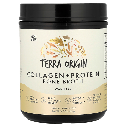 Terra Origin, Костный бульон с коллагеном и белком, ваниль, 466 г (16,43 унции)