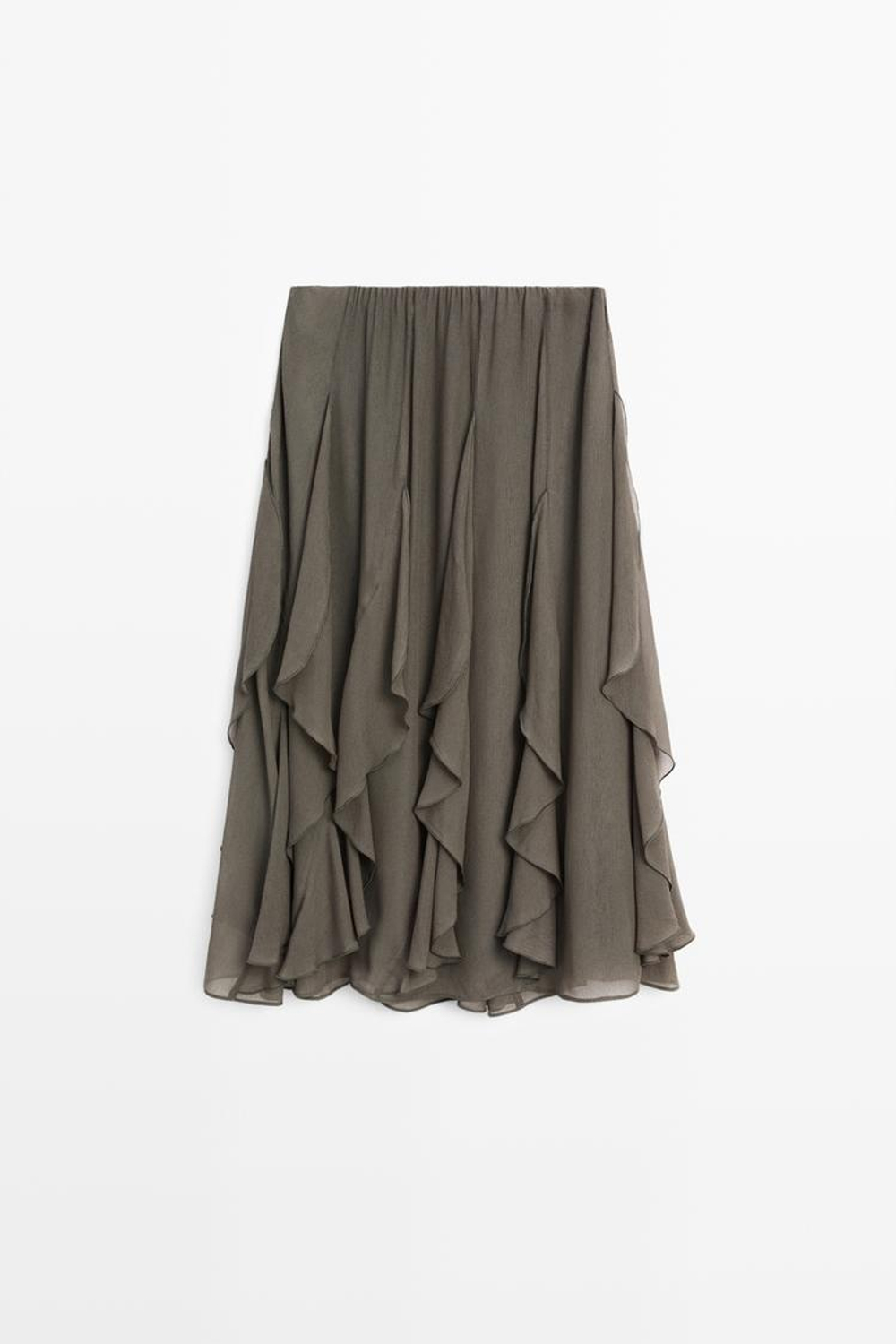 Massimo Dutti Струящаяся юбка миди с оборками, зеленый