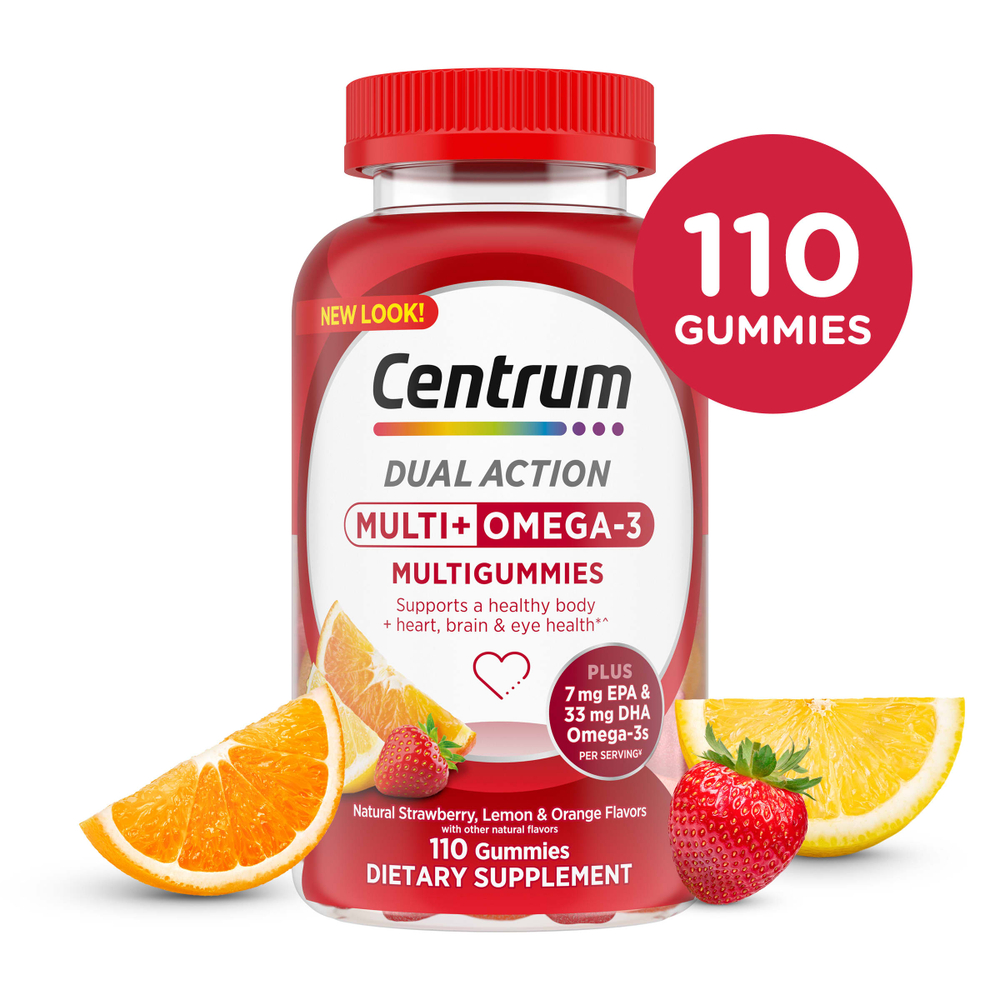 Centrum, Multigummies + Omega-3, натуральная клубника, лимон и апельсин, 110 жевательных таблеток