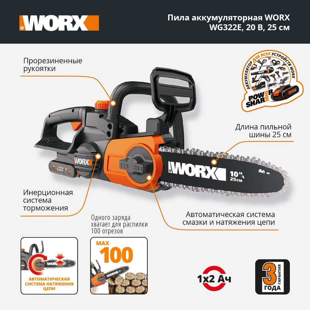 Пила цепная аккумуляторная WORX WG322E.9