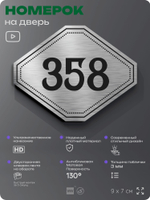 Номерок на дверь квартиры 358, для кабинета, офиса, шильдик 9 х 7 см, брашированная сталь, Айдентика Технолоджи