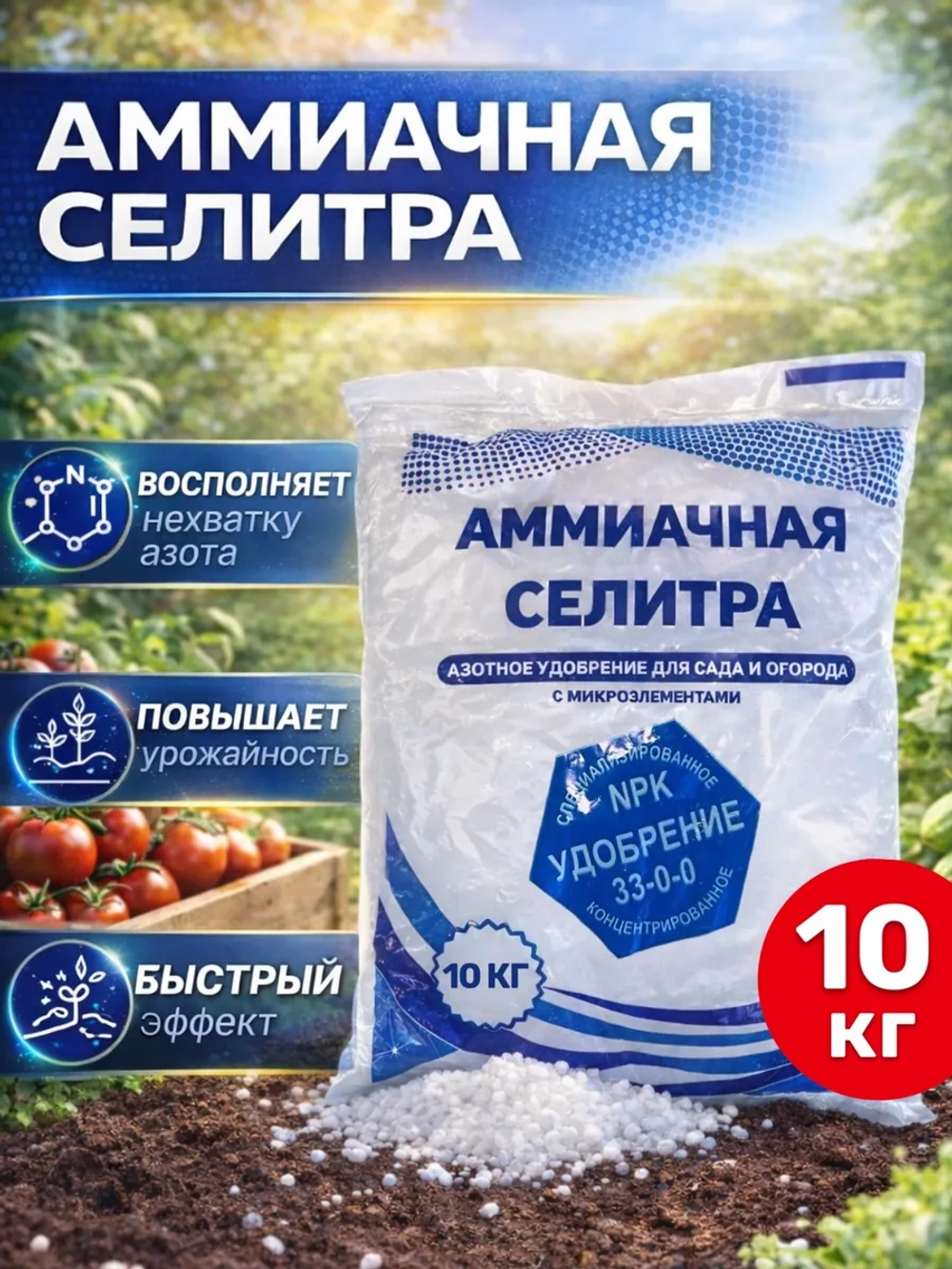 Селитра аммиачная 10кг, азотное удобрение для сада и огорода