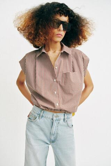ZARA УКОРОЧЕННАЯ РУБАШКА В КЛЕТКУ ВИШИ, КОРИЧНЕВЫЙ/БЕЛЫЙ