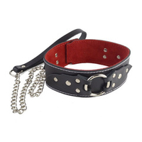 Чёрный кожаный ошейник 45см с красной изнанкой и поводком Sitabella BDSM Accessories 3122-1