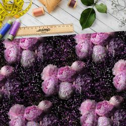 Ткань флис маслом нарисованные пионы на чёрном фоне с пыльцой