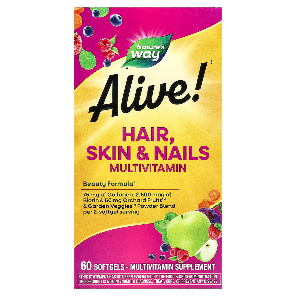 Nature's Way, мультивитамины для волос, кожи и ногтей Alive!®, со вкусом клубники, 60 капсул