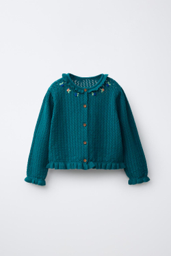 ZARA КАРДИГАН С ВЫШИВКОЙ, СИНЕ-ЗЕЛЕНЫЙ