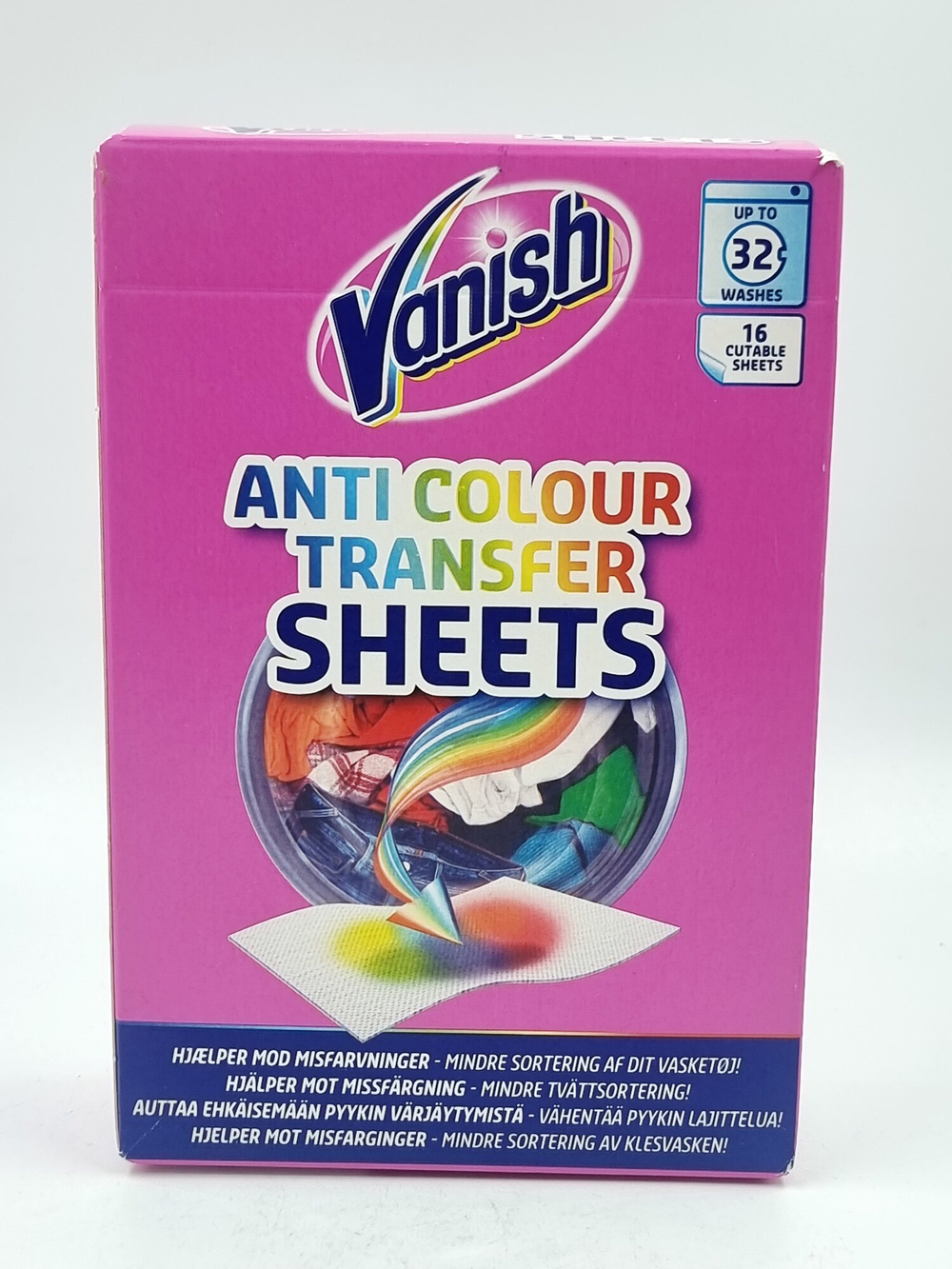 Салфетки Vanish  ловушка для цвета anti colour transfer sheets, в упаковке 16 салфеток (до 32 стирок), Дания