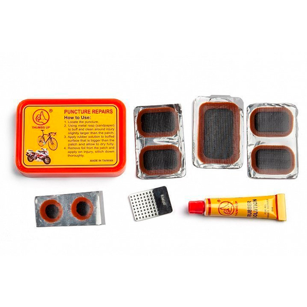 Аптечка, 6 заплаток:  ?15mm -2шт, ?20mm-2шт, ?25mm-2шт, клей 5мл, зачистка, в пластик коробочке.YP32