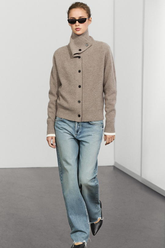 Massimo Dutti Кардиган из двухизнаночного трикотажа с воротником-трубой, кротово-коричневый