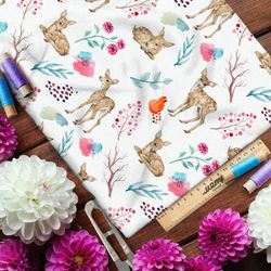 Ткань интерлок оленята и веточки брусники на белом фоне