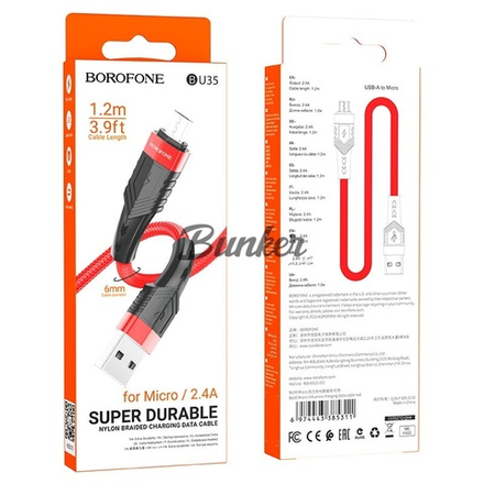 Кабель USB-micro-USB Borofone BU35, черный пластик штекер, 1,2м, круглый красный нейлон, 2.4 A