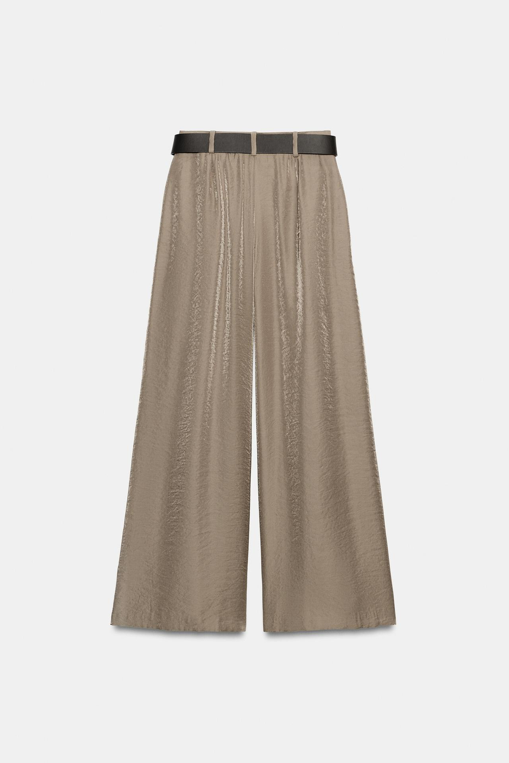 ZARA ШИРОКИЕ АТЛАСНЫЕ БРЮКИ С РЕМНЕМ, СЕРО-КОРИЧНЕВЫЙ