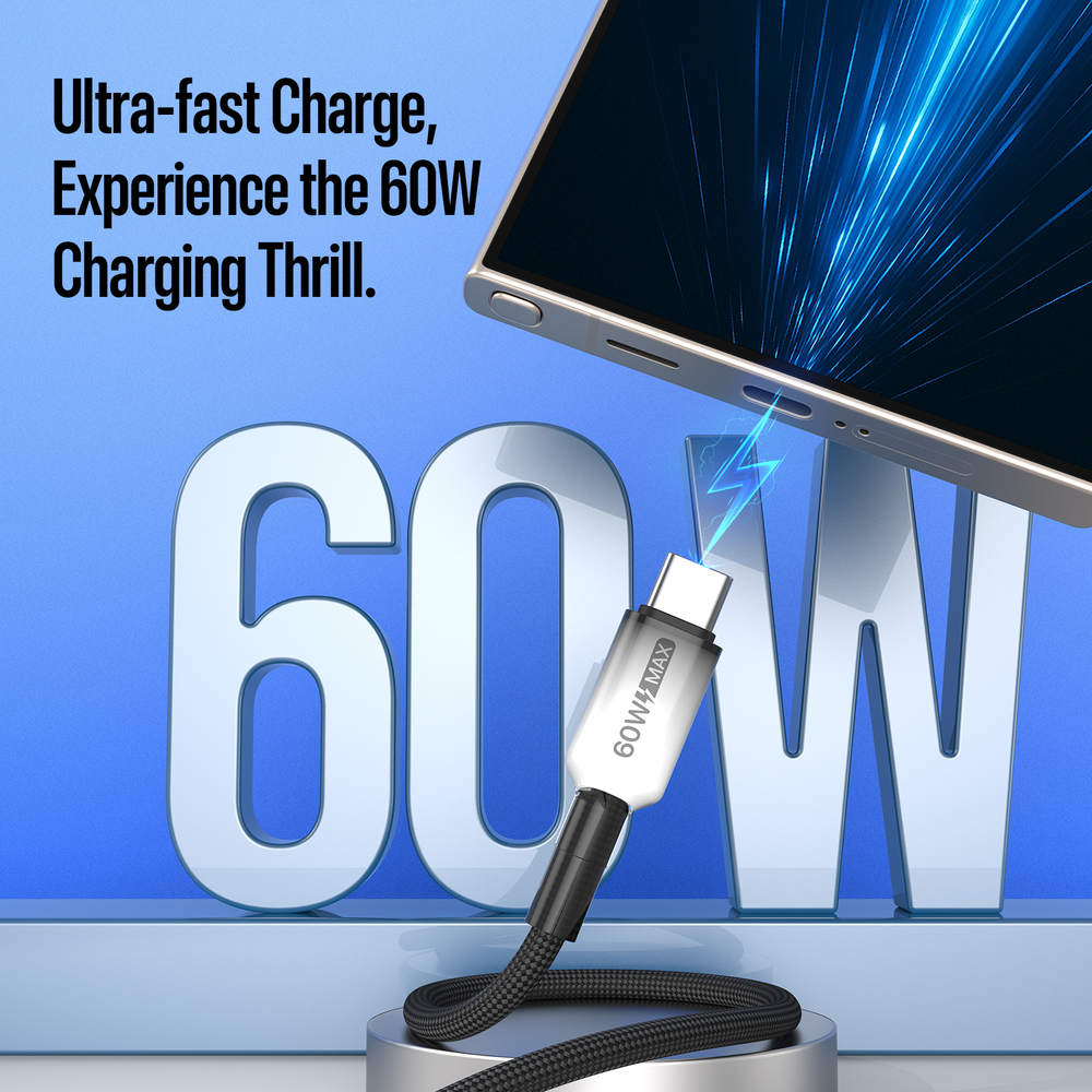 Кабель для быстрой зарядки 60W в тканевой черной оплетке длина 100см (1м) с разъемом Type C на Type C, серия WLCM Series от Dux Ducis