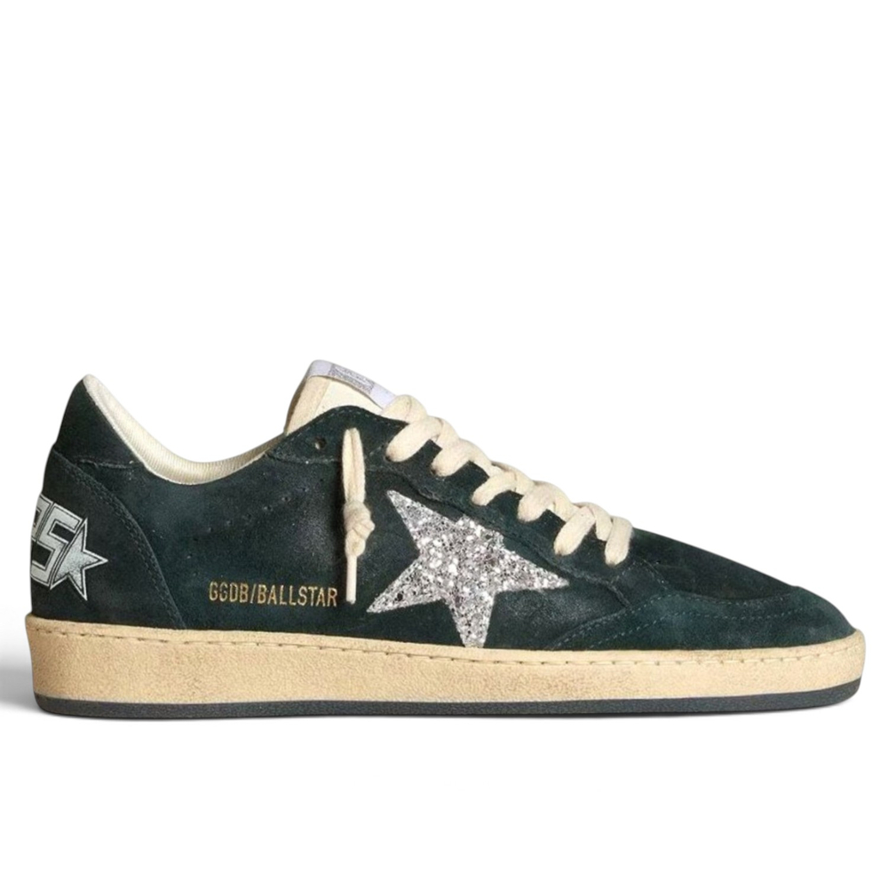 Women's Golden Goose Ball Star in Green suede with Silver glitter star