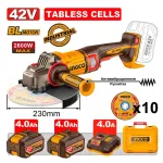 Аккумуляторная УШМ BL 42В, 230мм 2600W, 2хАКБ 4Ач и ЗУ 4А, кейс INGCO CAGLI4260182 INDUSTRIAL