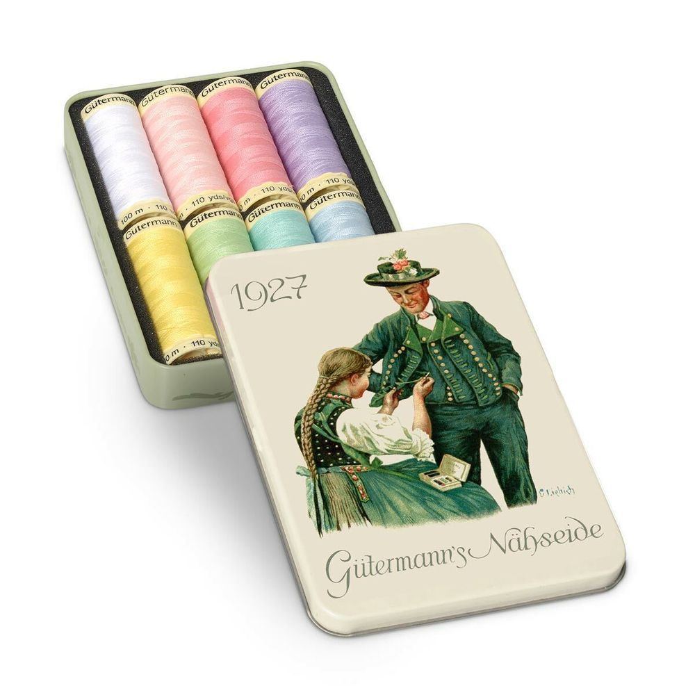 Швейные нитки (набор) Gutermann Sew-all 100м, 8 катушек, ассорти в металлической коробке "Ностальгия", S090559