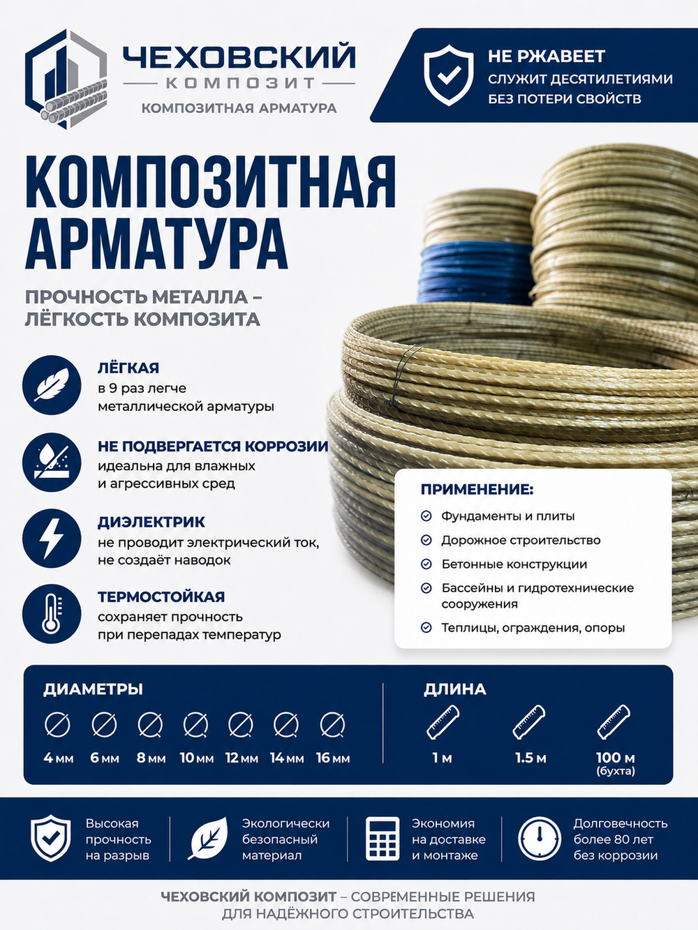 Арматура строительная D 10 мм стеклопластиковая 65 м; прутки 65 шт. х 100 см., "Чеховский Композит", пруты, прутики