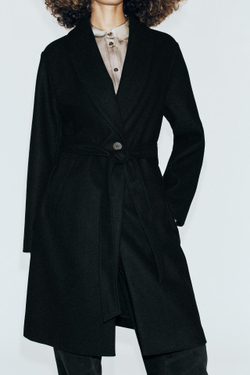 ZARA ПАЛЬТО ИЗ МЯГКОЙ ТКАНИ С ПОЯСОМ, ЧЕРНЫЙ