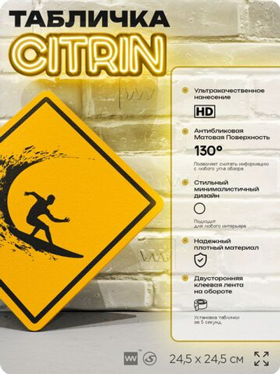 Табличка декоративная "Сёрфинг" на дверь и стену, спортивная, информационная, декоративный знак, 24,5х24,5 см, пластиковая, Айдентика Технолоджи
