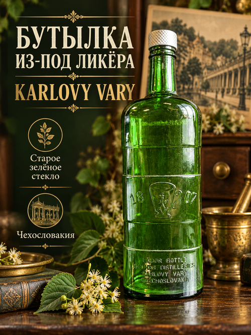 Бутылка от ликера старое зеленое стекло Карловы Вары 1807 год Чехословакия, made in Czechoslovakia