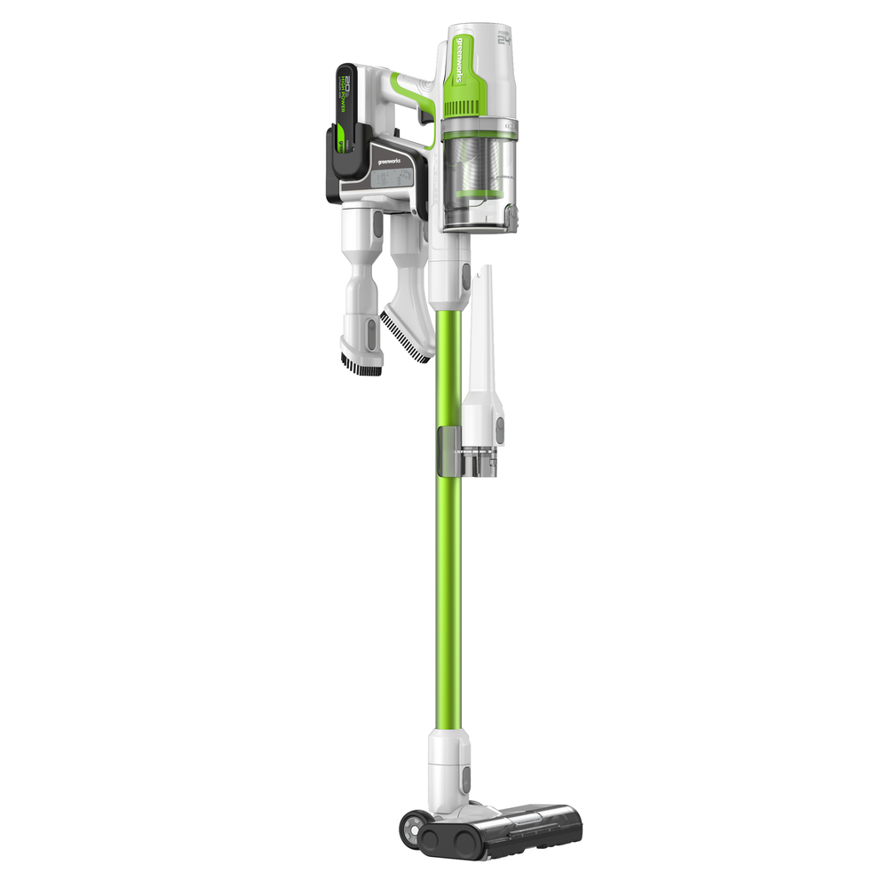 Пылесос вертикальный акк. Greenworks SV24532, 24V, б/щет, 350 Вт, 21 кПа, электрощетка, 3 насадки, LED, белый+зеленый, 1х2Ач и ЗУ (4702007UA)