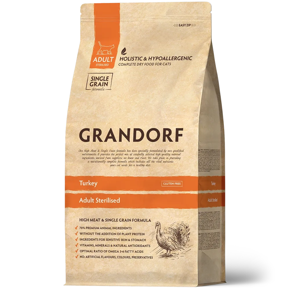 Сухой низкозерновой корм GRANDORF CAT Turkey STERILISED Индейка для стерилизованных кошек 0,4кг