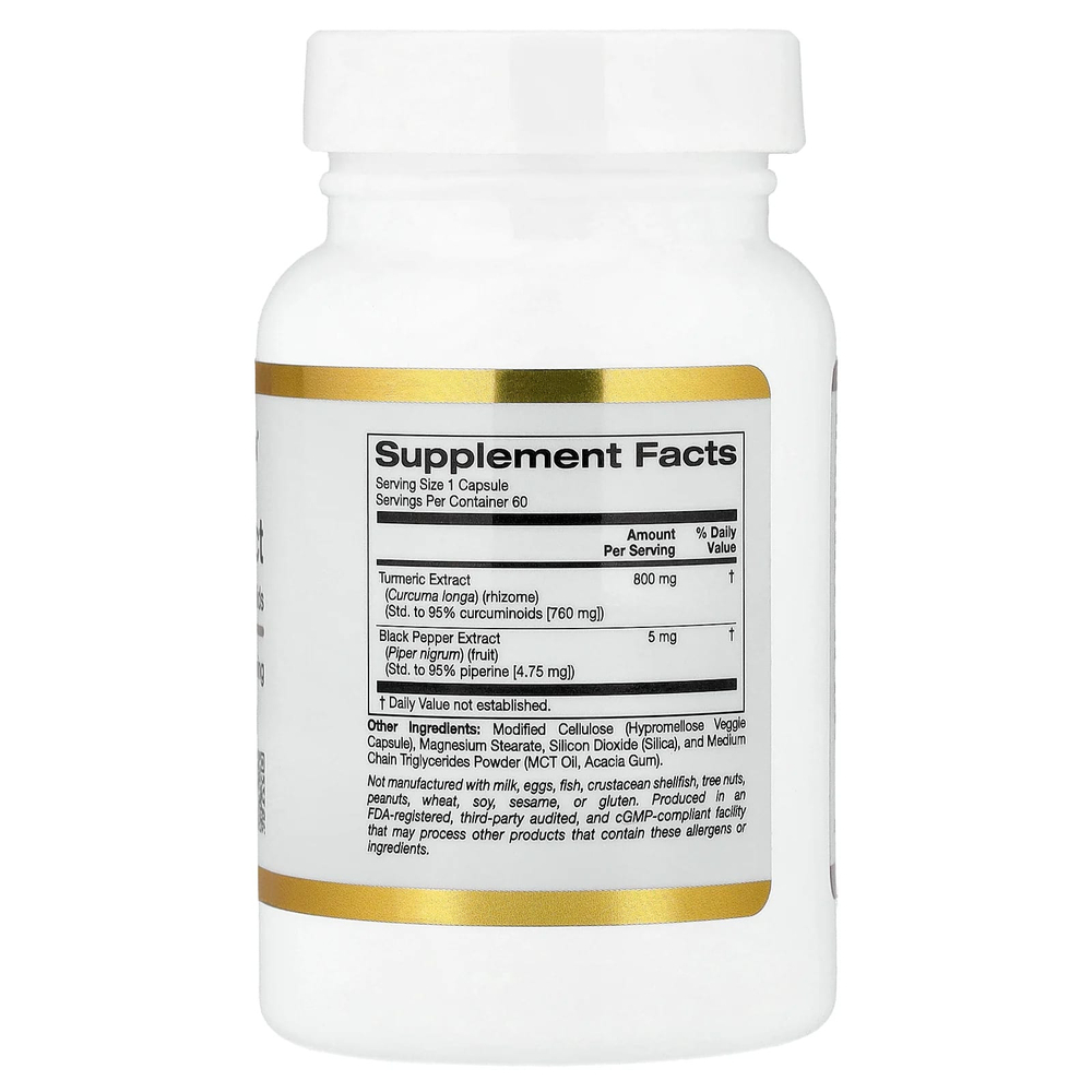 California Gold Nutrition, экстракт куркумы с 95% куркуминоидов и экстрактом чёрного перца BioPerine®, 60 растительных капсул