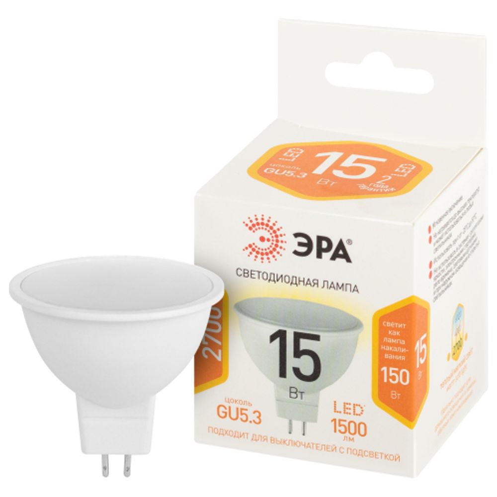 Лампа светодиодная ЭРА STD LED MR16-15W-827-GU5.3 15Вт софит теплый белый свет GU5.3 | Лампы cветодиодные Точечные (Софиты) (MR, PAR)
