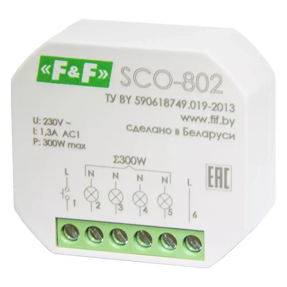 Регулятор освещенности (диммер) SCO-802 1,3А 230В АС (для ламп накаливания до 300Вт с памятью уровня освещенности)
